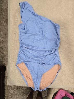 J. Crew One-Shoulder Light Blue One-Piece Swimsuit with Peach Lining